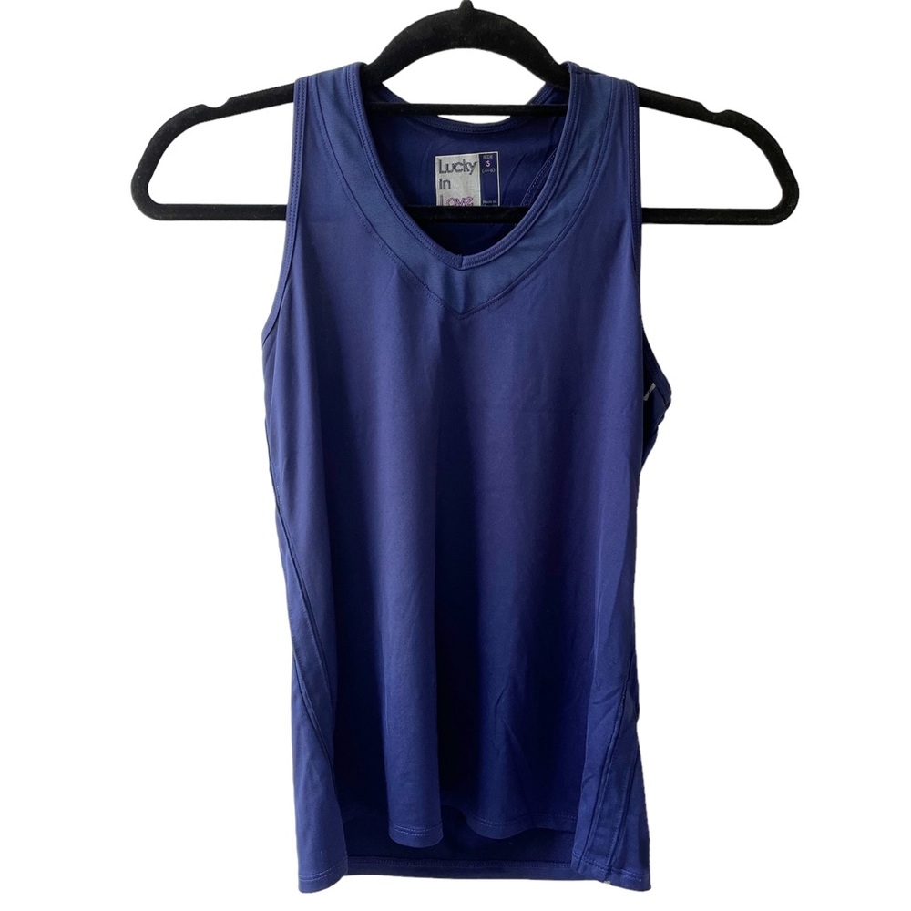 LUCKY IN LOVE Navy Athletic Tank Top Women’s S Mesh Features